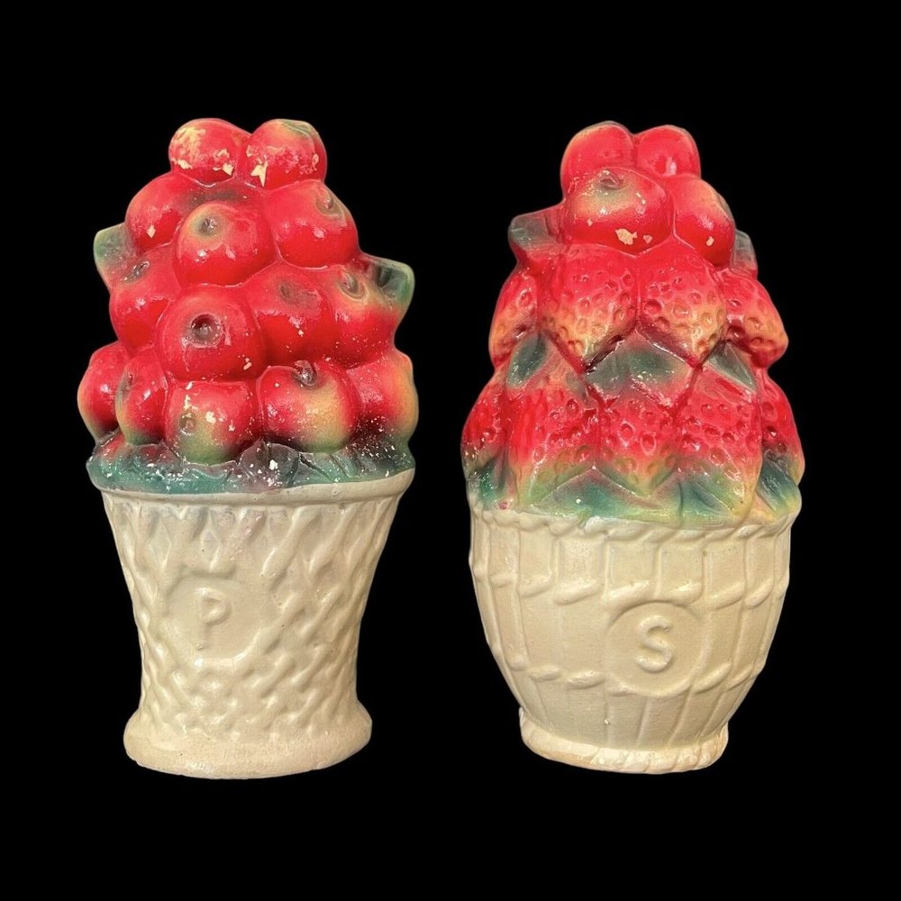 Vintage 1940s Fruit Baskets Salt & Pepper Shakers Japan Summer Strawberry Apple